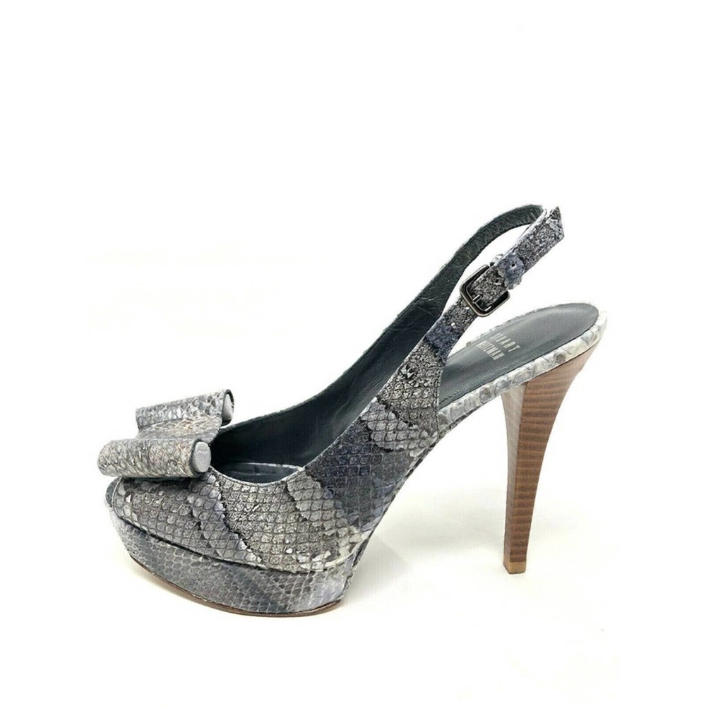 Stuart Weitzman 7.5 Heels Leather Peep Toe Bow Gray Snake Slingback Stiletto